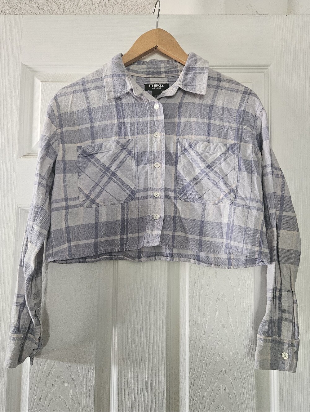 RSQ Lavender and White Plaid Cropped Shirt XS
